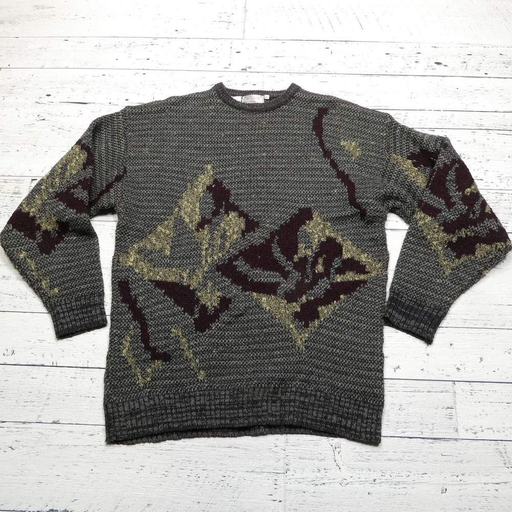 Vintage Bugatchi Sweater Mens XL Gray Abstract Geometric Knit Pullover Retro 90s